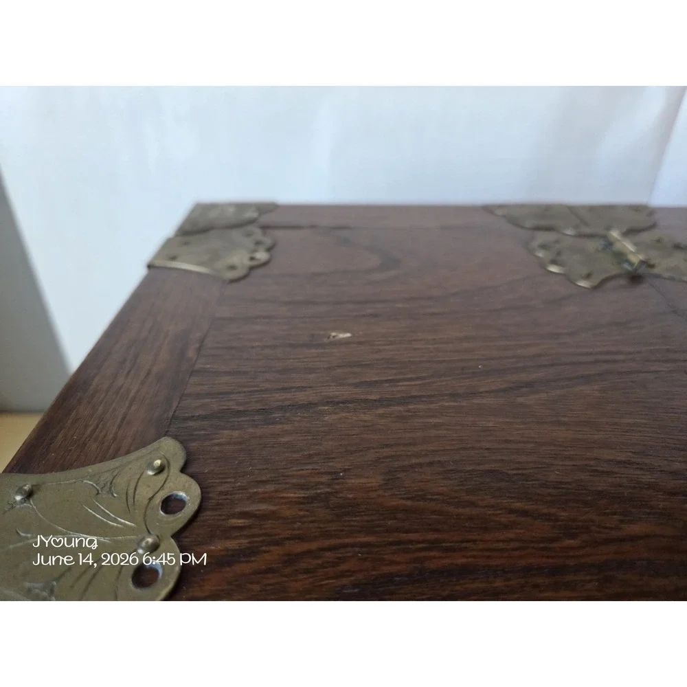 Vintage Antique Travel Jewelry Box Inlaid Mirror Floral Etched Brass Wood *READ*